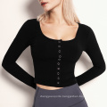 Long Sleeve T Shirt Slim Breathable Quick Drying Yoga Running Fitness Wear Threaded Ribbed Crop Top